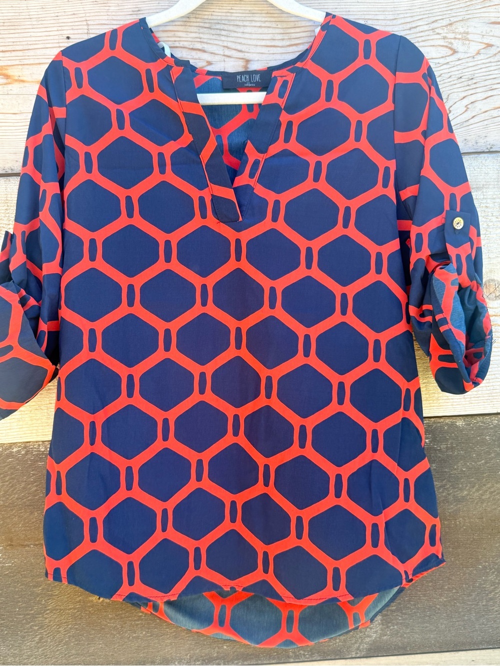Navy and Red Geometric Tunic Blouse